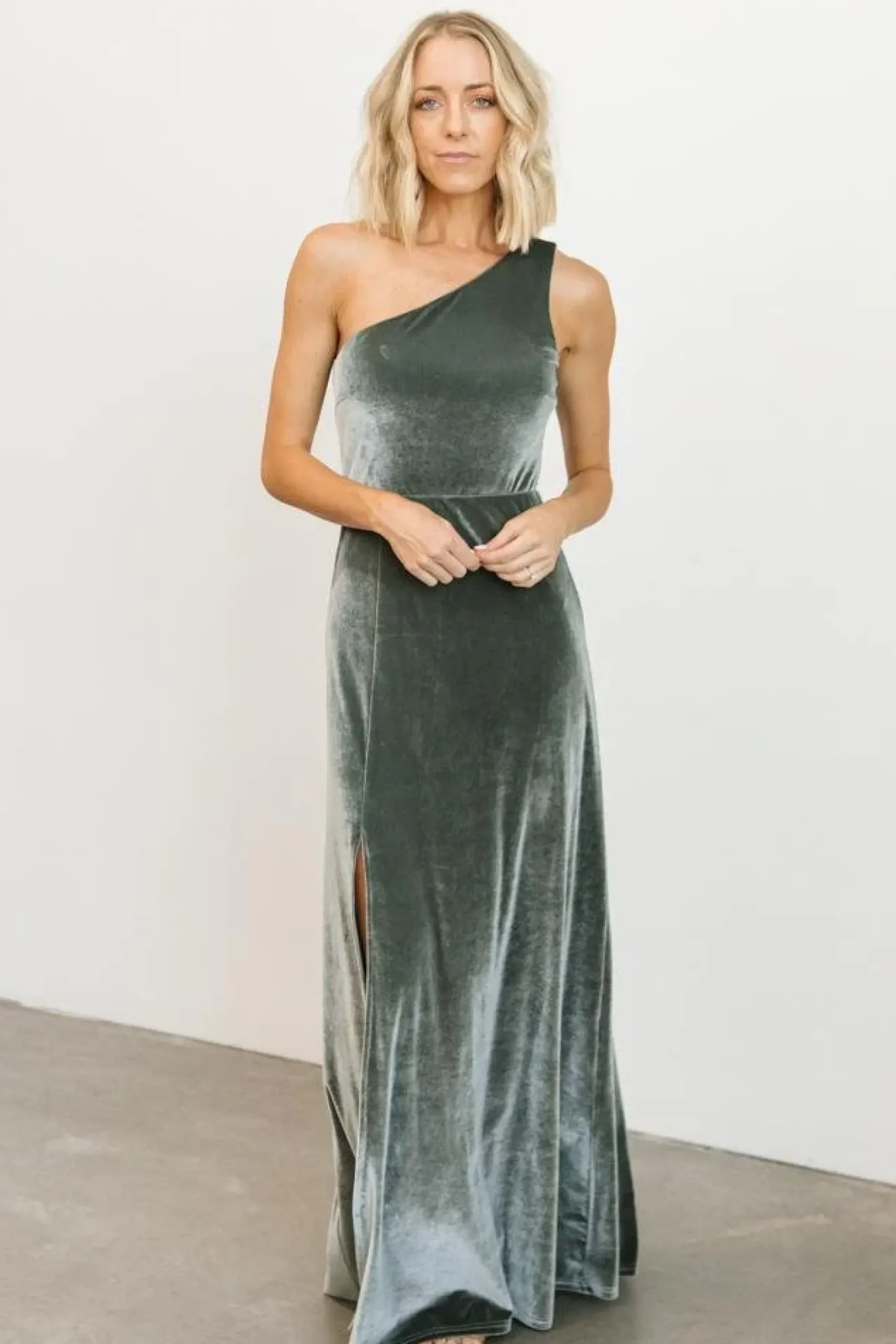 Baltic Born WEDDING SUITE|wedding guest|Tatiana Velvet One Shoulder Maxi Dress | Eucalyptus