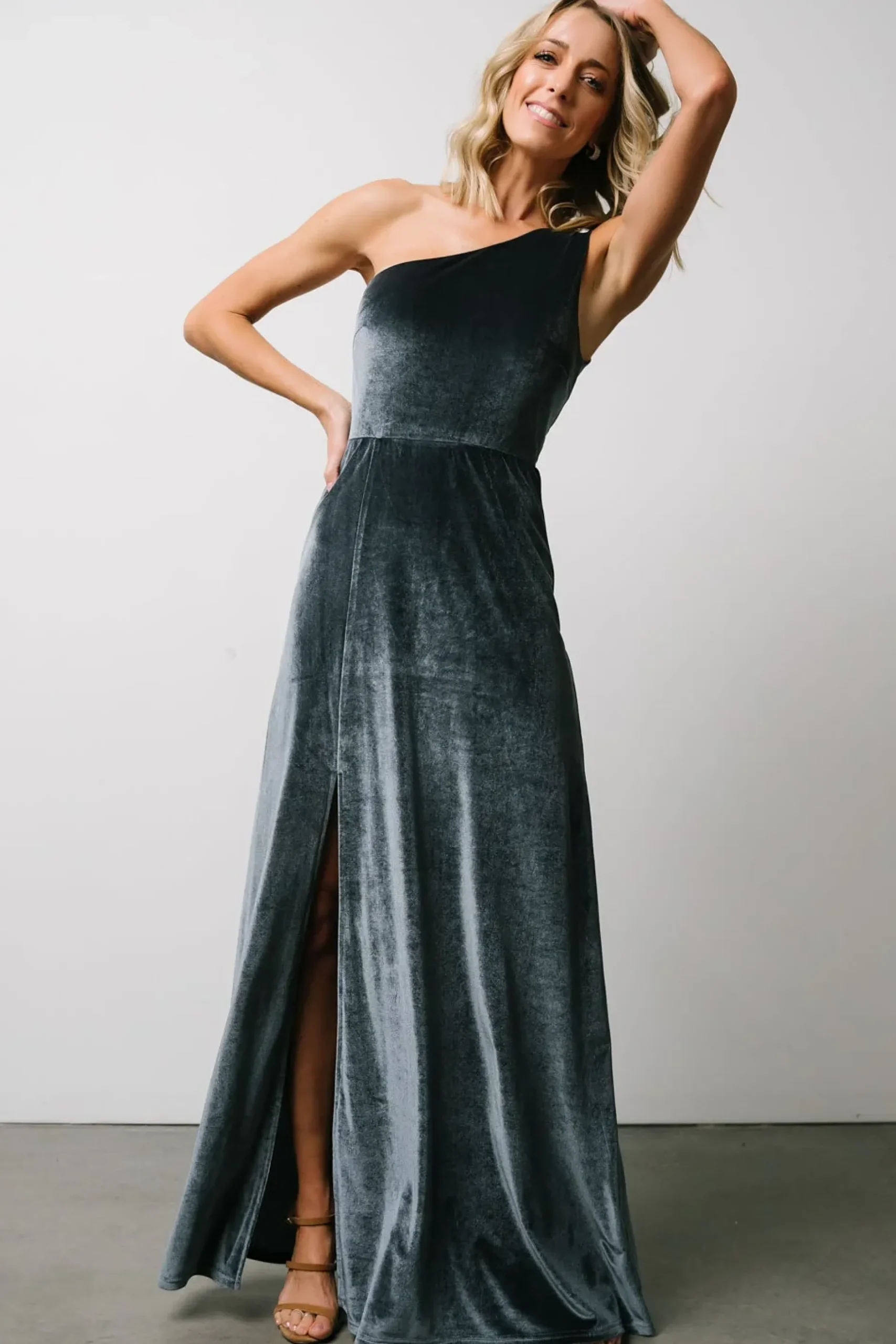 Baltic Born WEDDING SUITE|wedding guest|Tatiana Velvet One Shoulder Maxi Dress | Slate Blue