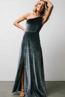Baltic Born WEDDING SUITE|wedding guest|Tatiana Velvet One Shoulder Maxi Dress | Slate Blue