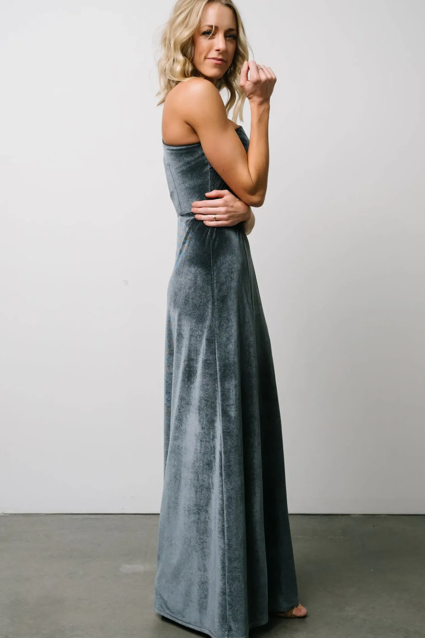 Baltic Born WEDDING SUITE|wedding guest|Tatiana Velvet One Shoulder Maxi Dress | Slate Blue