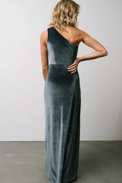 Baltic Born WEDDING SUITE|wedding guest|Tatiana Velvet One Shoulder Maxi Dress | Slate Blue