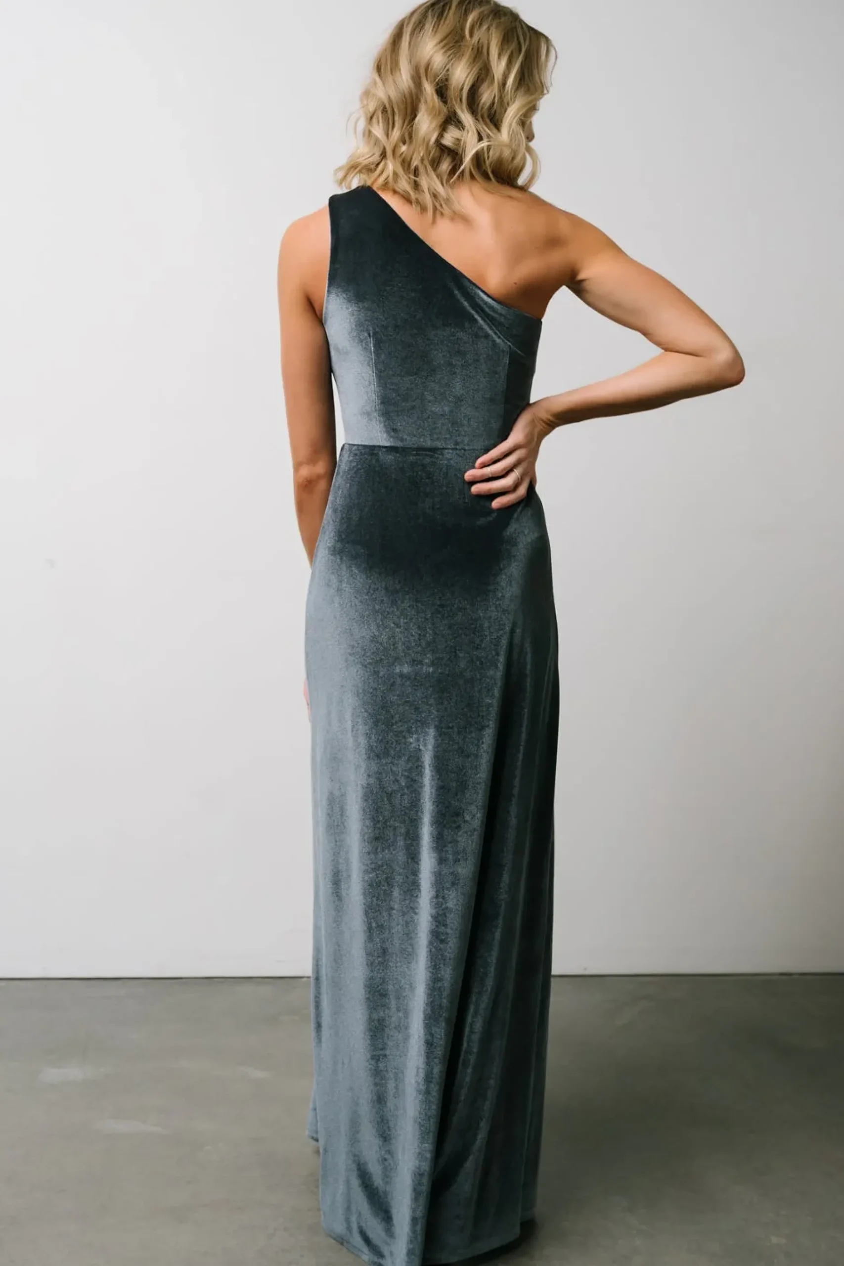 Baltic Born WEDDING SUITE|wedding guest|Tatiana Velvet One Shoulder Maxi Dress | Slate Blue