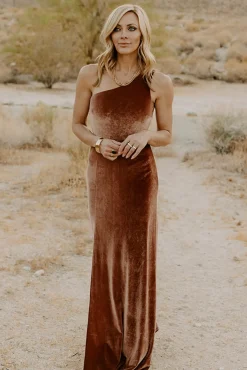 Baltic Born WEDDING SUITE|wedding guest|Tatiana Velvet One Shoulder Maxi Dress | Bronze