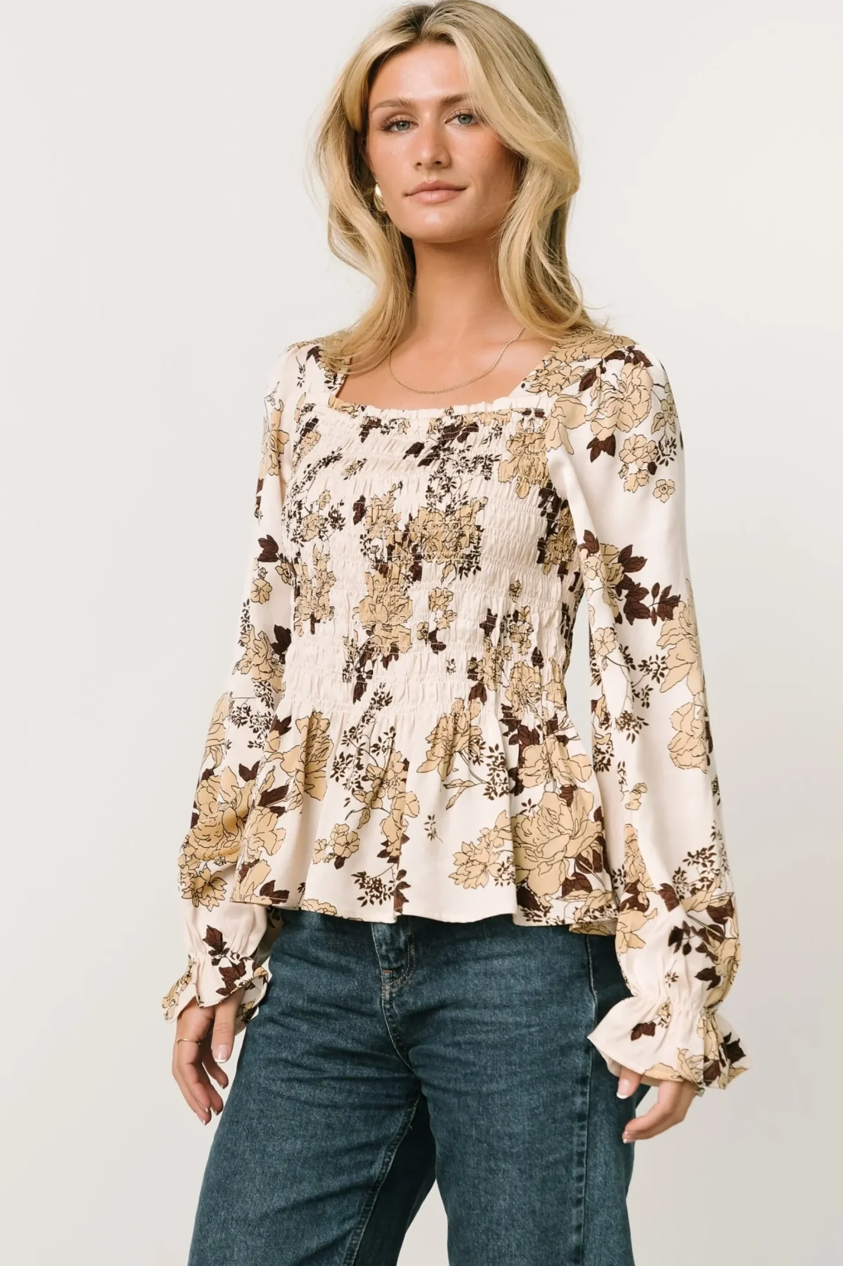 Baltic Born blouses + shirts|Topanga Smocked Top | Taupe Floral