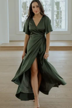 Baltic Born maxi dresses|WEDDING SUITE|Vara Satin Maxi Wrap Dress | Juniper Green