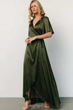 Baltic Born maxi dresses|WEDDING SUITE|Vara Satin Maxi Wrap Dress | Juniper Green
