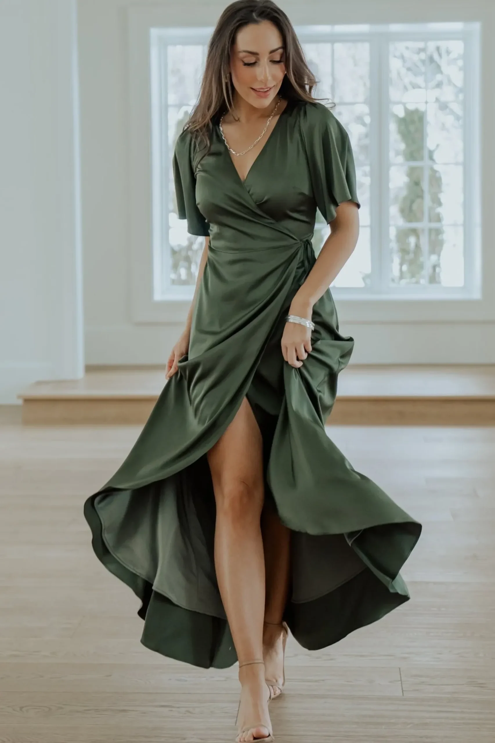 Baltic Born maxi dresses|WEDDING SUITE|Vara Satin Maxi Wrap Dress | Juniper Green