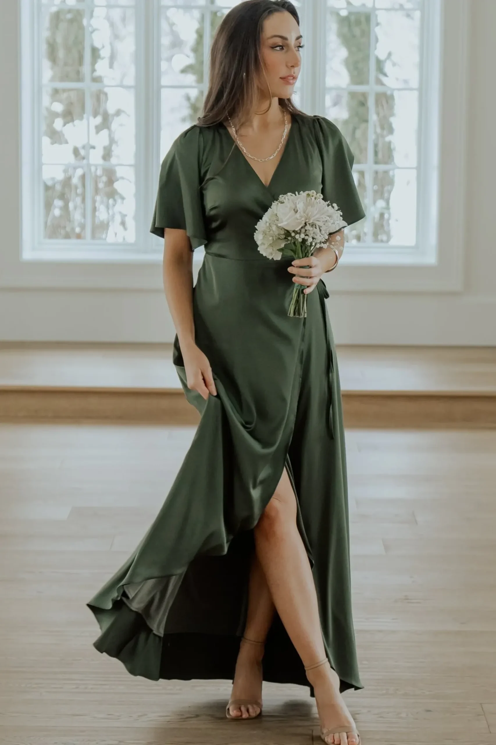 Baltic Born maxi dresses|WEDDING SUITE|Vara Satin Maxi Wrap Dress | Juniper Green