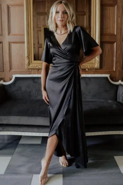 Baltic Born maxi dresses|WEDDING SUITE|Vara Satin Maxi Wrap Dress | Black