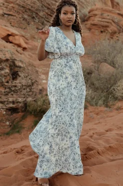 Baltic Born WINTER ESSENTIALS|Verona Smocked Maxi Dress | White + Blue Print