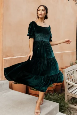 Baltic Born midi dresses|WEDDING SUITE|Vivaldi Smocked Velvet Midi Dress | Dark Green