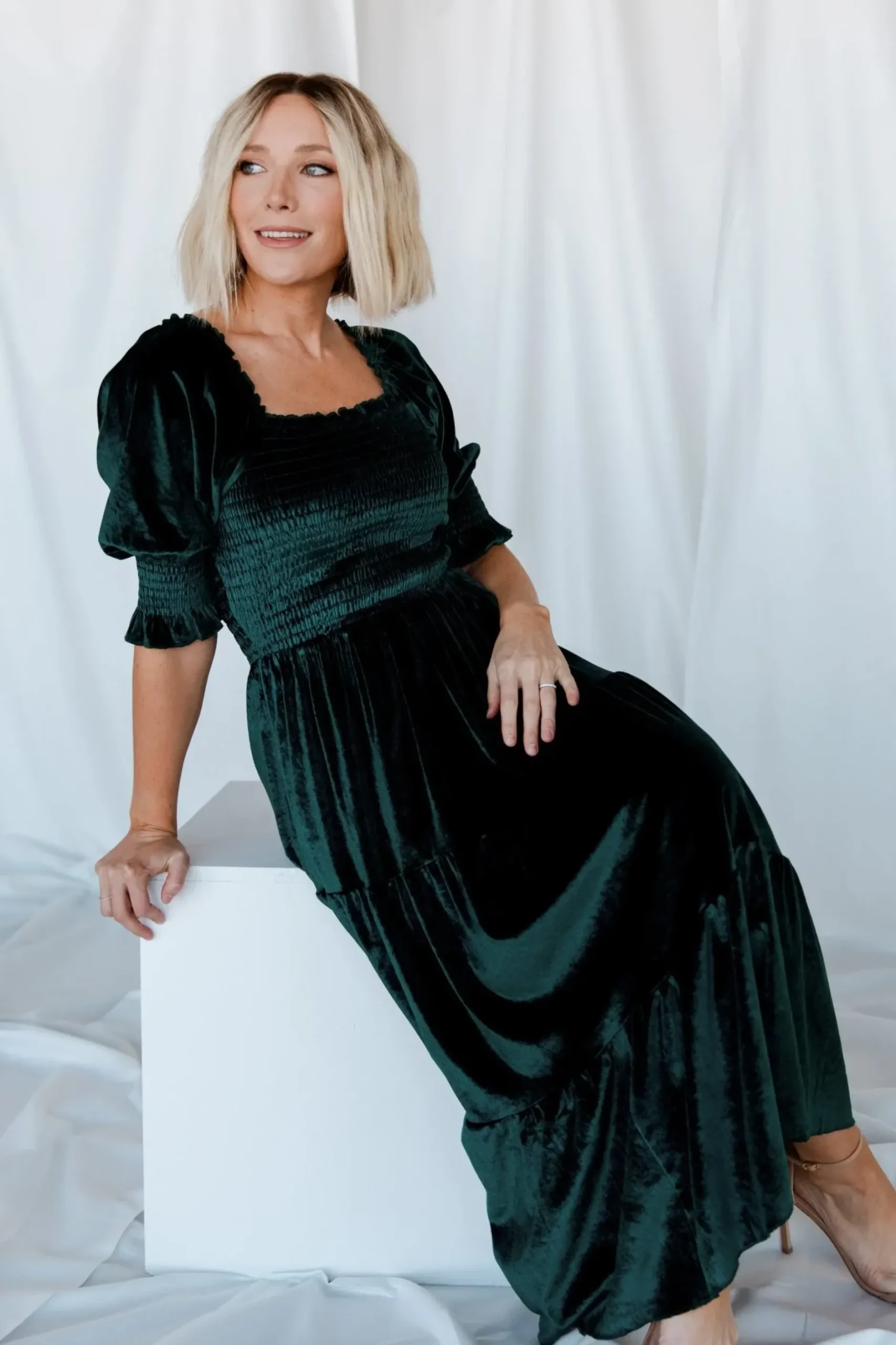 Baltic Born midi dresses|WEDDING SUITE|Vivaldi Smocked Velvet Midi Dress | Dark Green