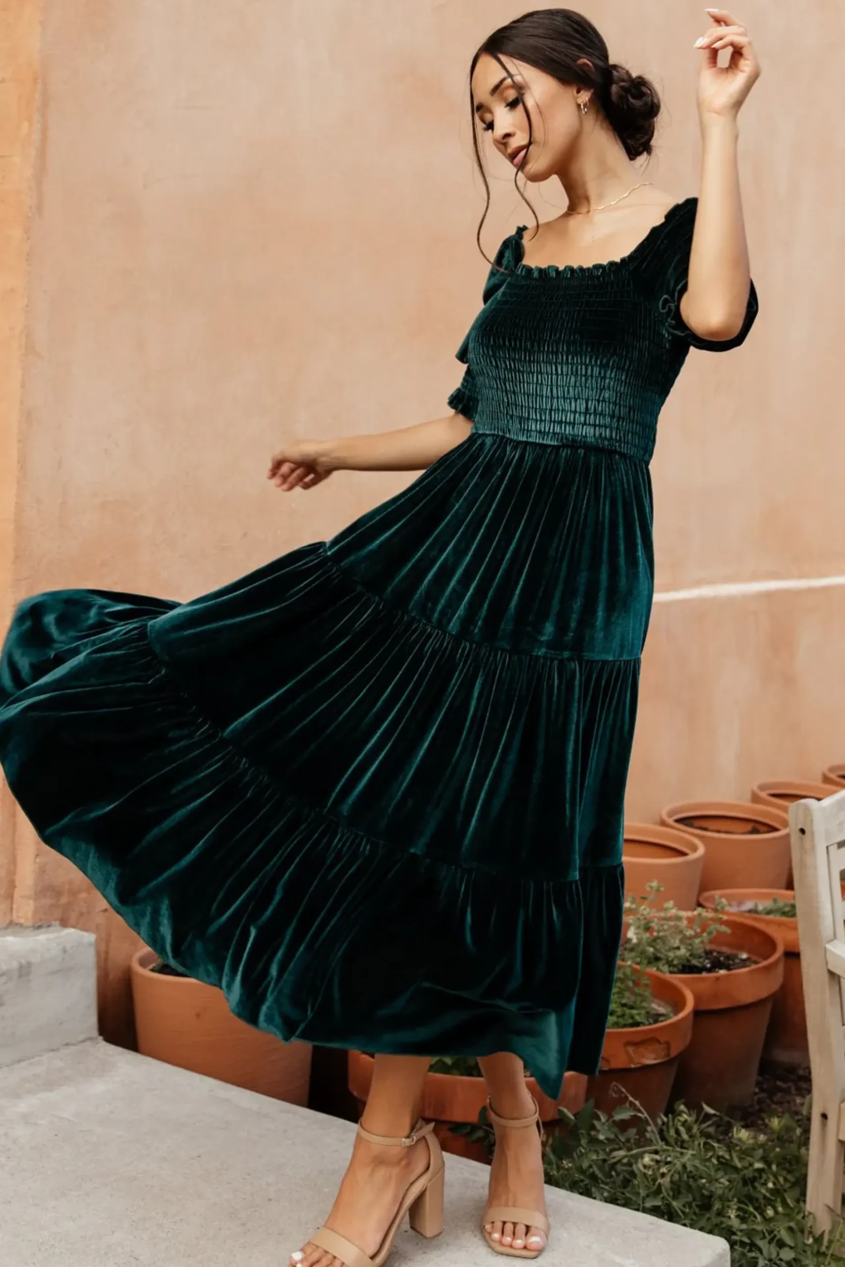 Baltic Born midi dresses|WEDDING SUITE|Vivaldi Smocked Velvet Midi Dress | Dark Green