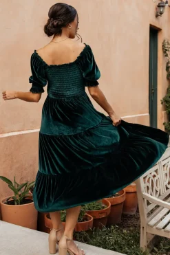 Baltic Born midi dresses|WEDDING SUITE|Vivaldi Smocked Velvet Midi Dress | Dark Green