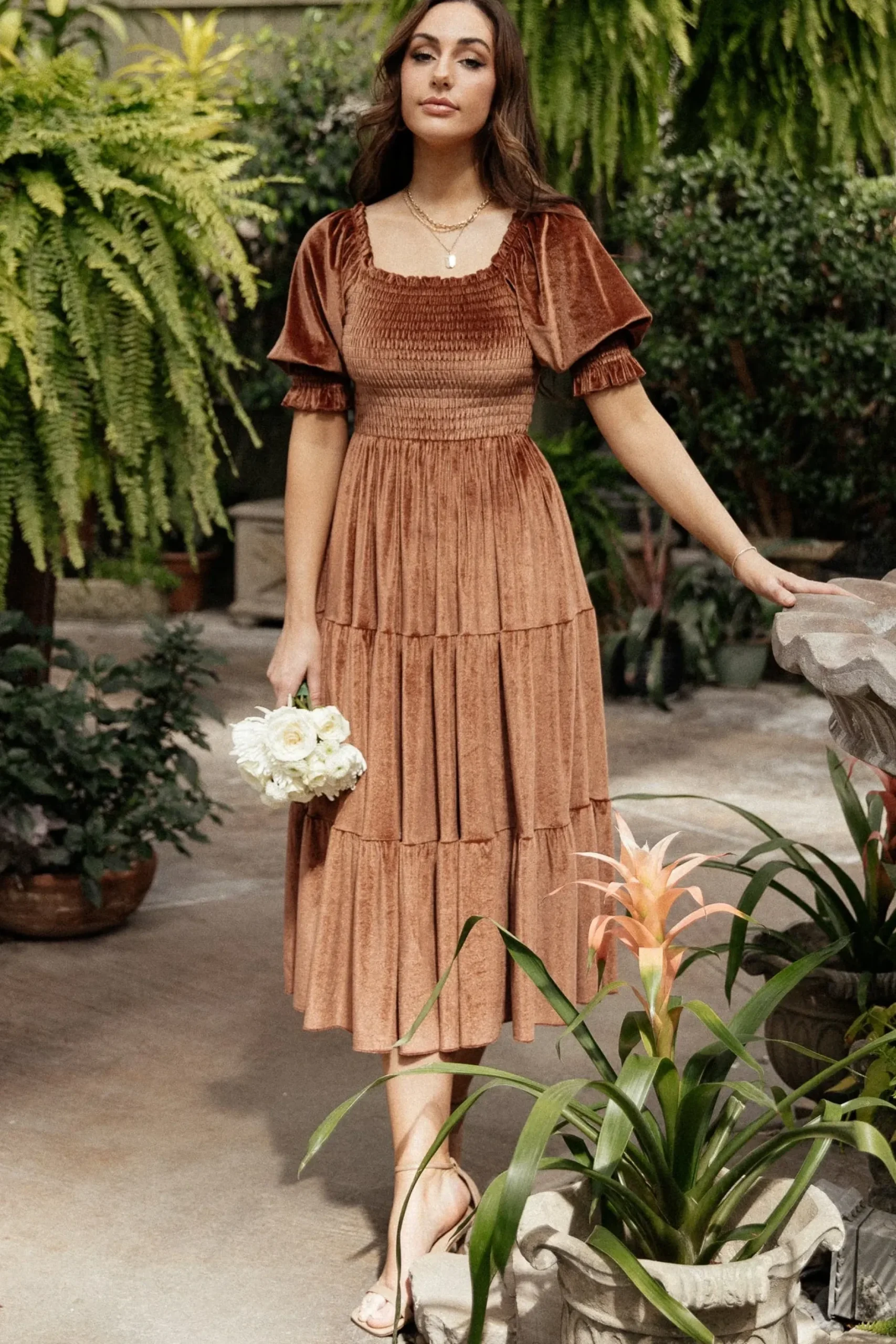 Baltic Born midi dresses|WEDDING SUITE|Vivaldi Smocked Velvet Midi Dress | Bronze
