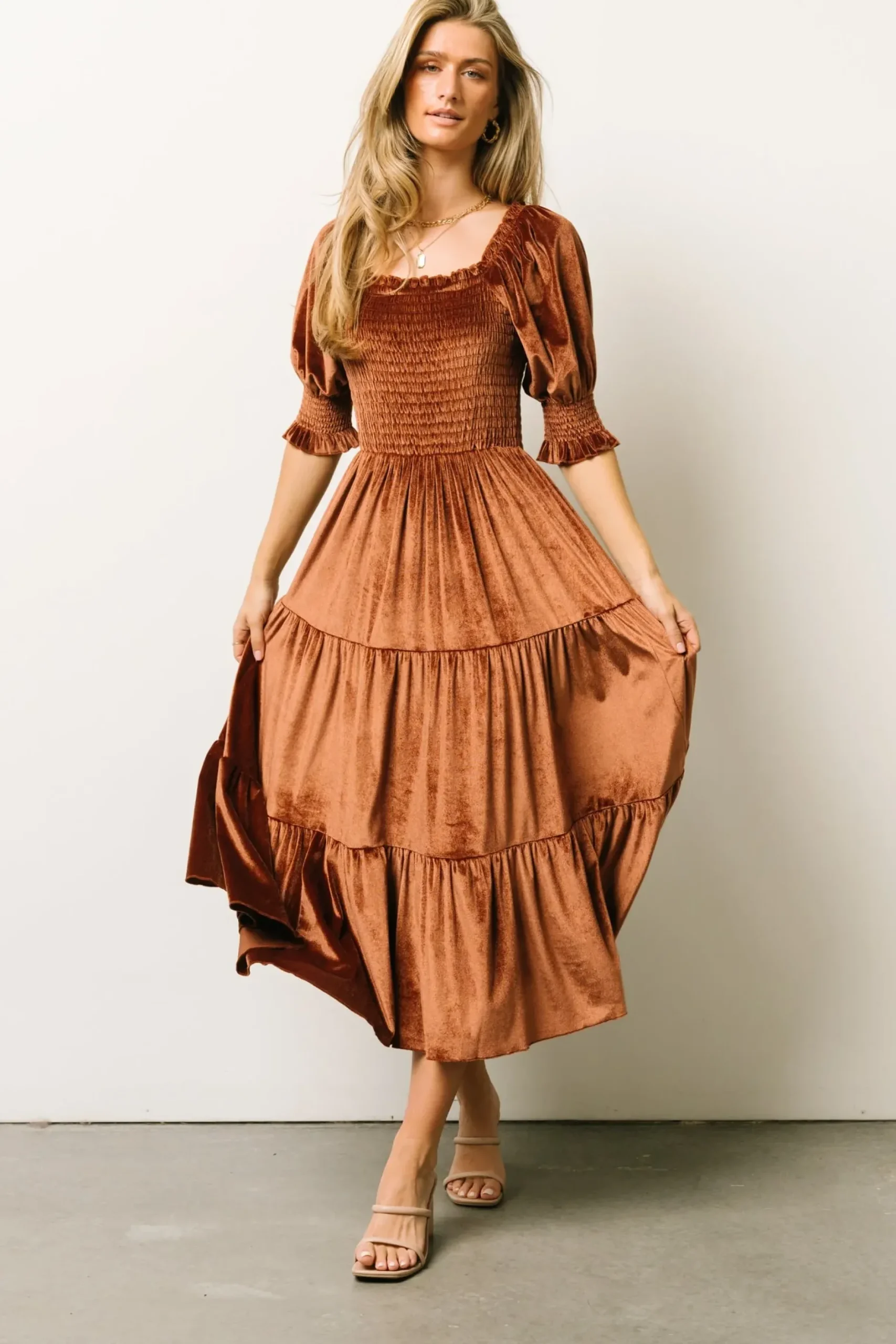 Baltic Born midi dresses|WEDDING SUITE|Vivaldi Smocked Velvet Midi Dress | Bronze