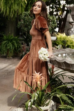 Baltic Born midi dresses|WEDDING SUITE|Vivaldi Smocked Velvet Midi Dress | Bronze