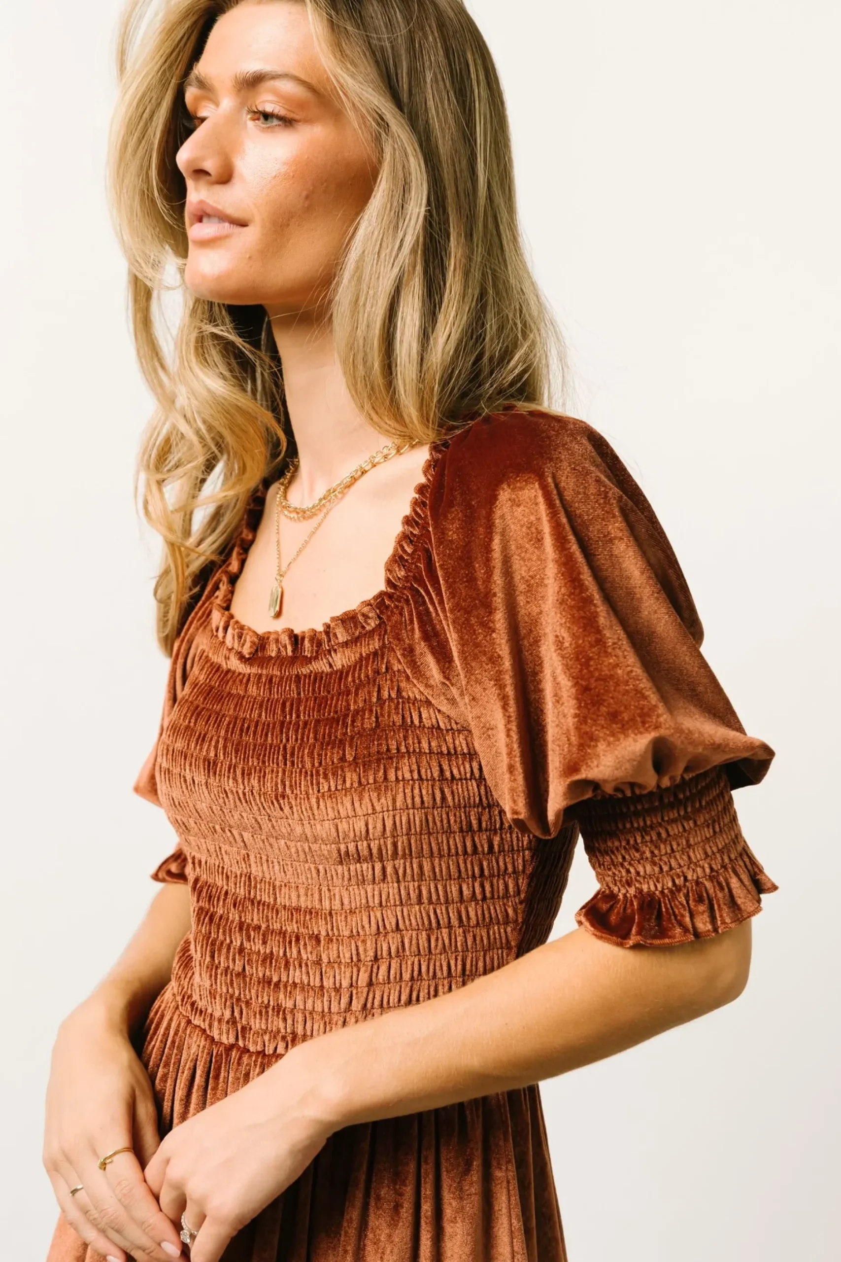 Baltic Born midi dresses|WEDDING SUITE|Vivaldi Smocked Velvet Midi Dress | Bronze