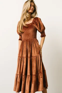 Baltic Born midi dresses|WEDDING SUITE|Vivaldi Smocked Velvet Midi Dress | Bronze