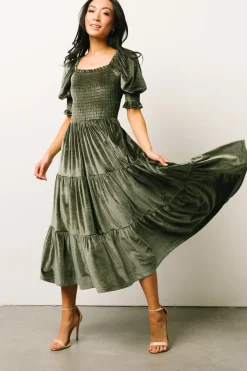 Baltic Born midi dresses|WEDDING SUITE|Vivaldi Smocked Velvet Midi Dress | Dark Eucalyptus