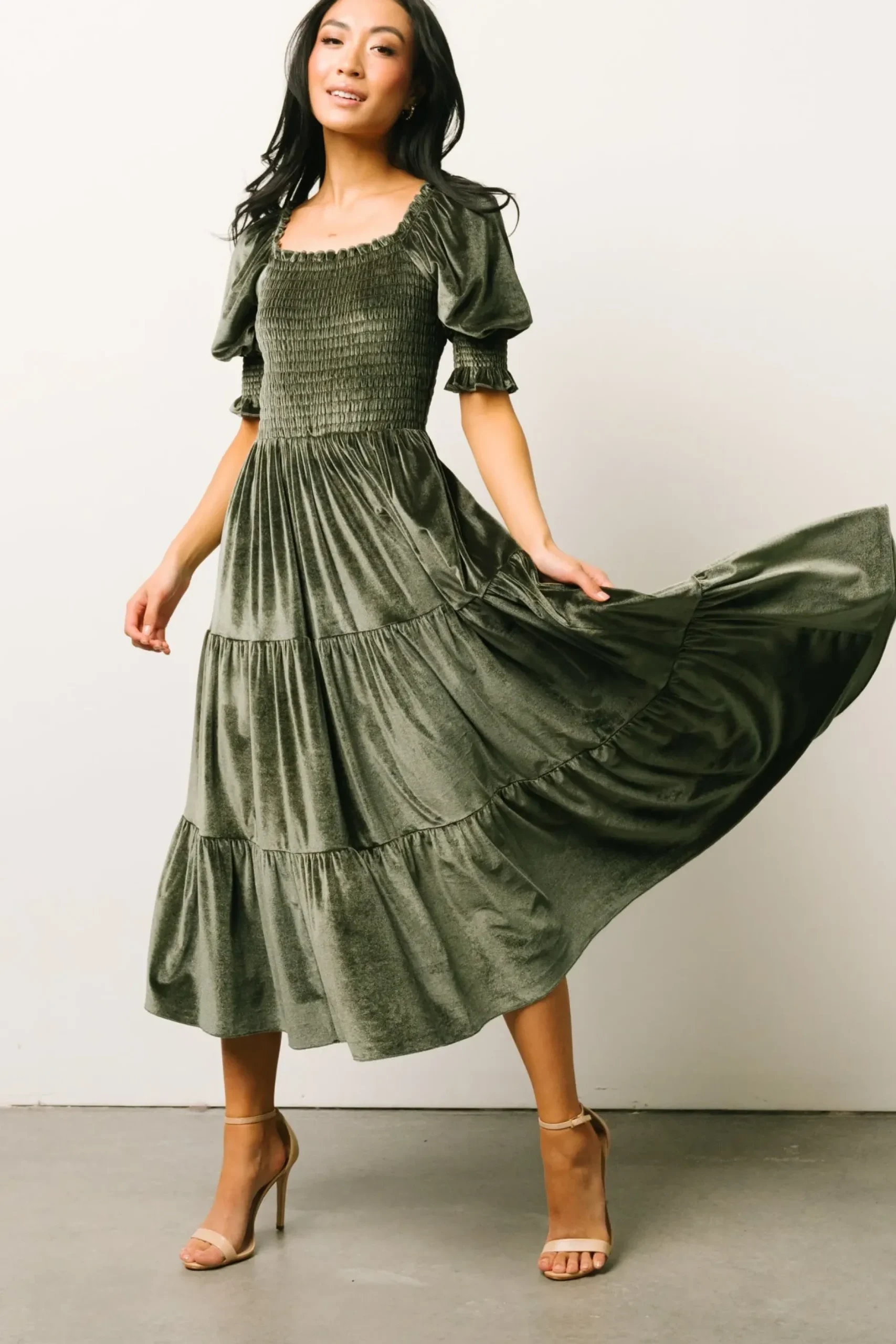 Baltic Born midi dresses|WEDDING SUITE|Vivaldi Smocked Velvet Midi Dress | Dark Eucalyptus