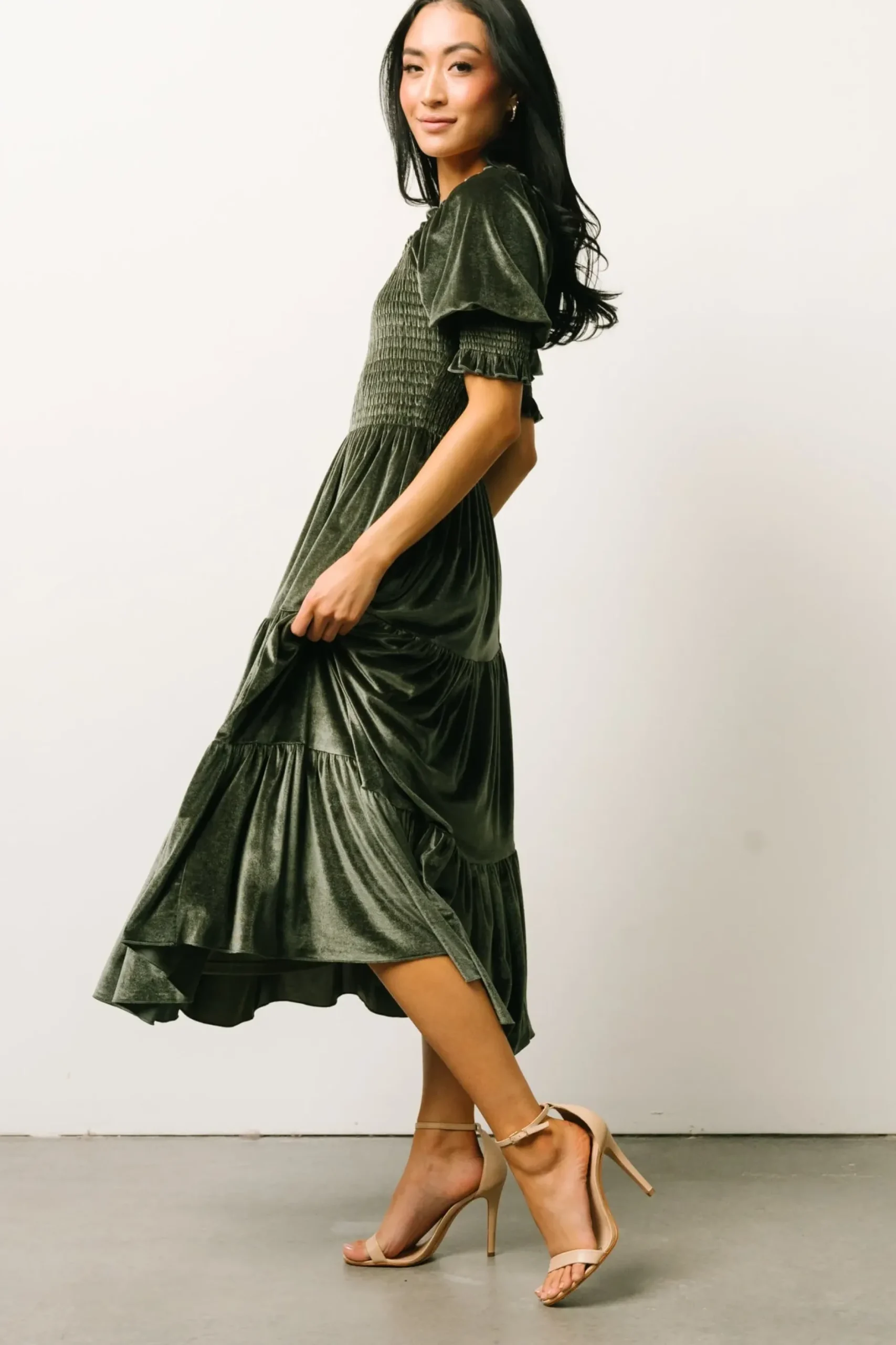 Baltic Born midi dresses|WEDDING SUITE|Vivaldi Smocked Velvet Midi Dress | Dark Eucalyptus
