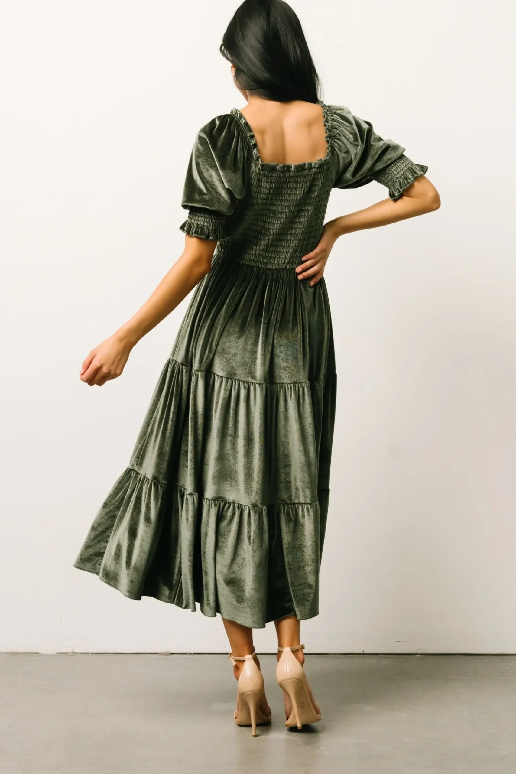 Baltic Born midi dresses|WEDDING SUITE|Vivaldi Smocked Velvet Midi Dress | Dark Eucalyptus