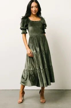 Baltic Born midi dresses|WEDDING SUITE|Vivaldi Smocked Velvet Midi Dress | Dark Eucalyptus