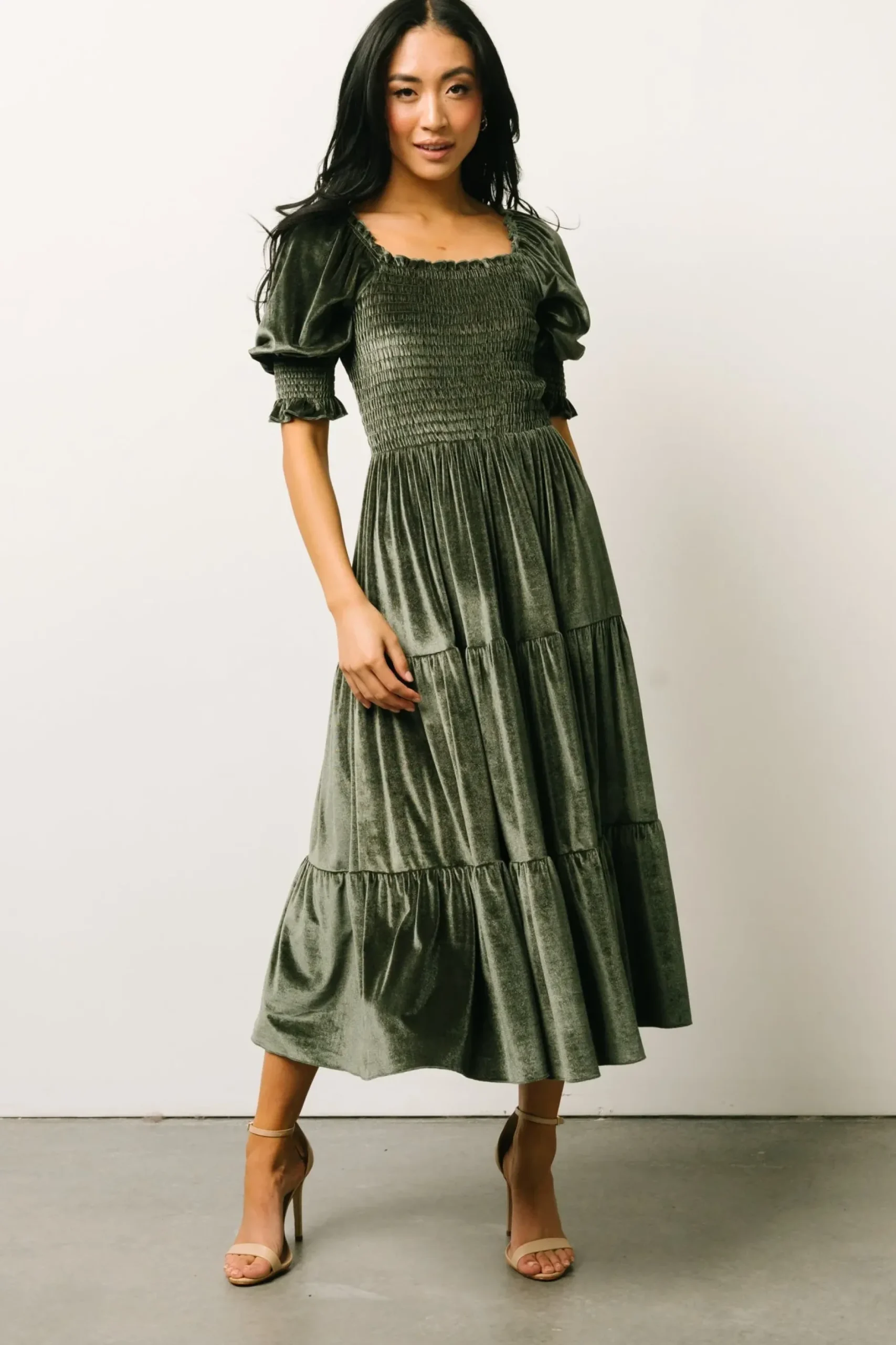 Baltic Born midi dresses|WEDDING SUITE|Vivaldi Smocked Velvet Midi Dress | Dark Eucalyptus