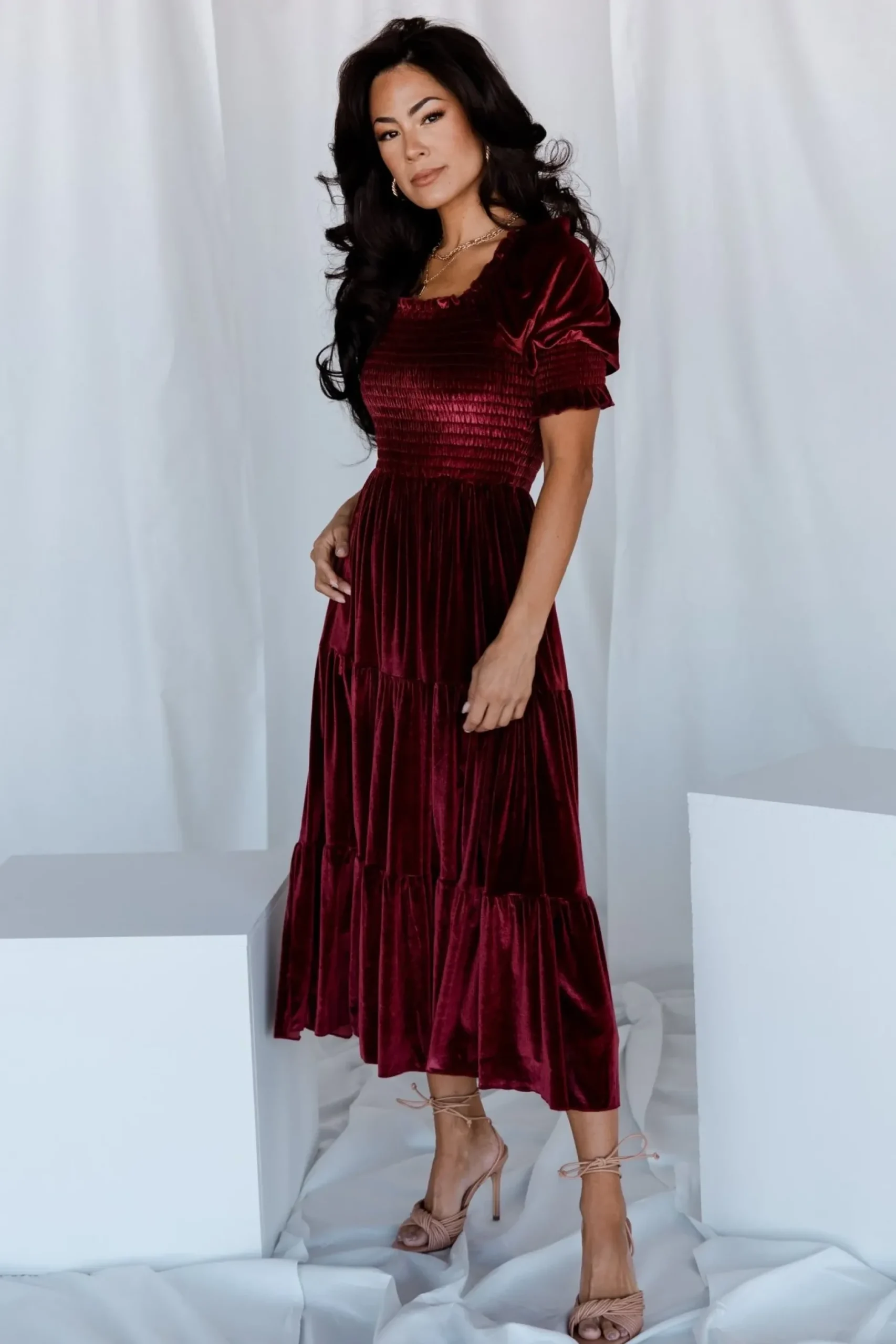 Baltic Born midi dresses|WEDDING SUITE|Vivaldi Smocked Velvet Midi Dress | Marsala