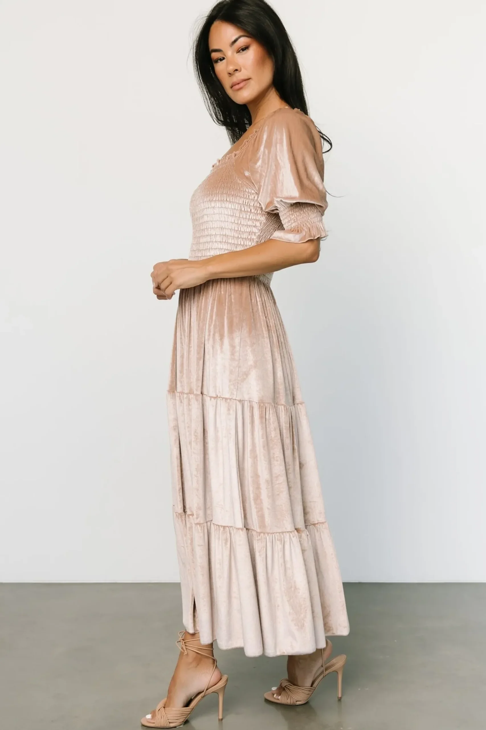 Baltic Born midi dresses|WEDDING SUITE|Vivaldi Smocked Velvet Midi Dress | Champagne