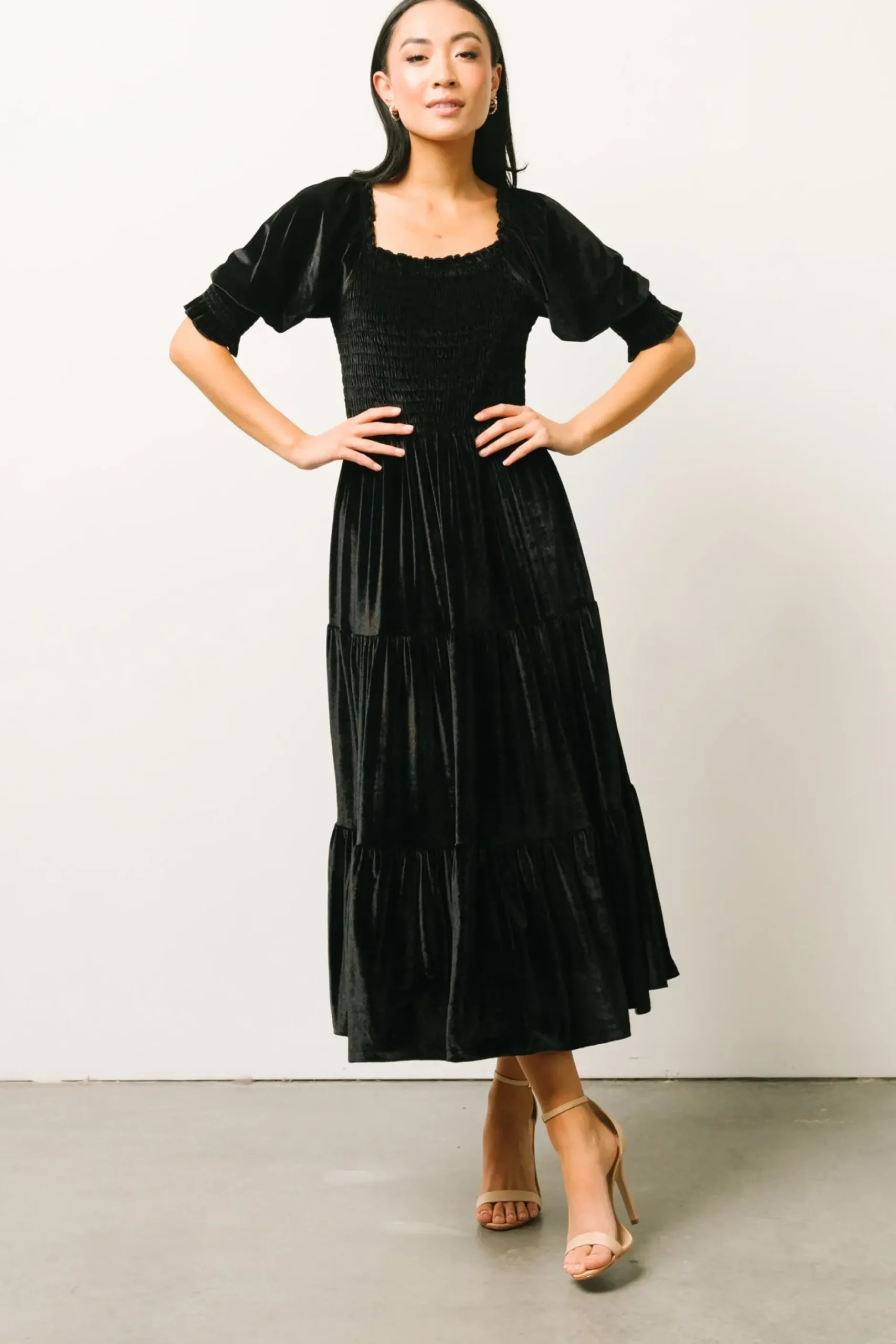 Baltic Born midi dresses|WEDDING SUITE|Vivaldi Smocked Velvet Midi Dress | Black