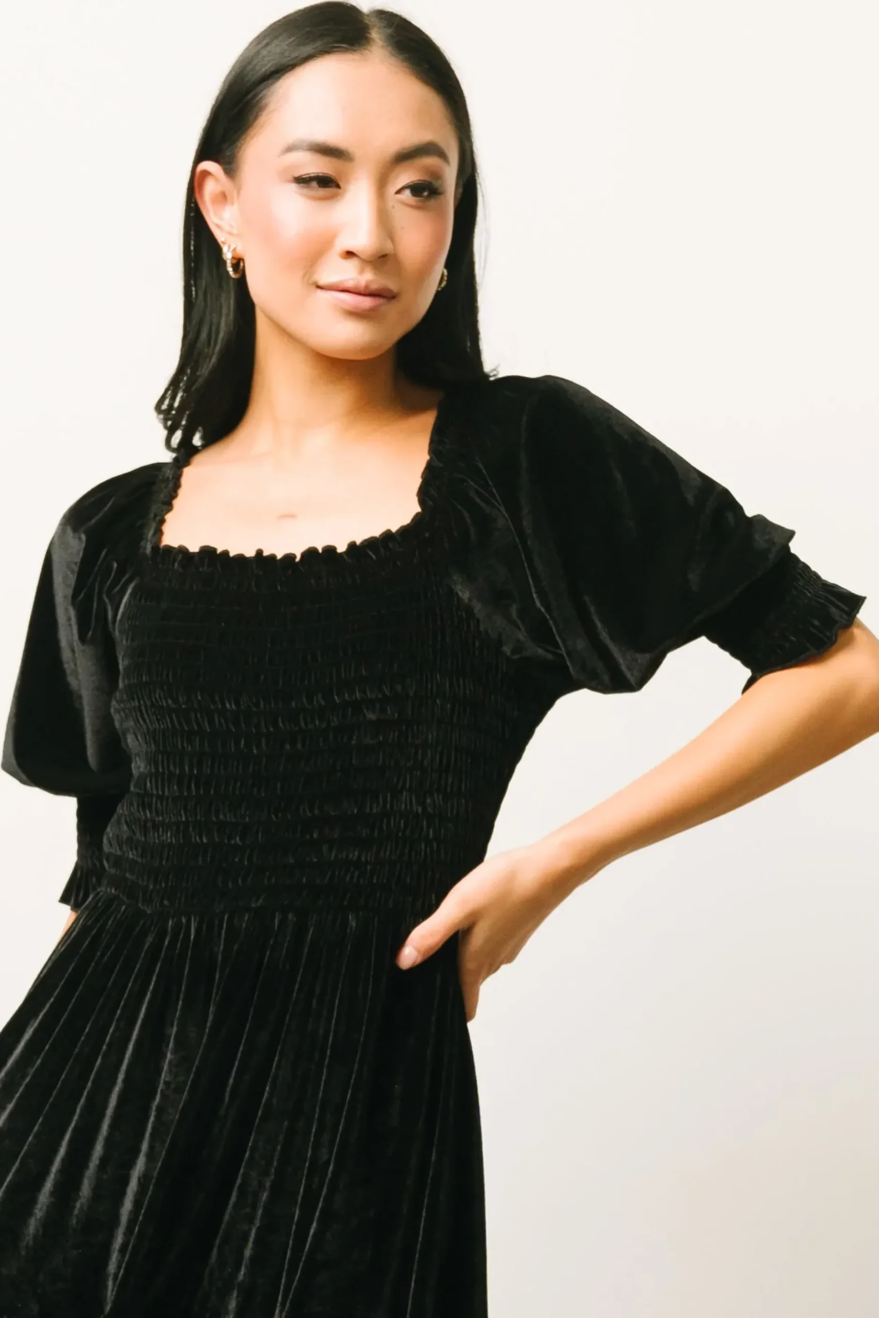 Baltic Born midi dresses|WEDDING SUITE|Vivaldi Smocked Velvet Midi Dress | Black