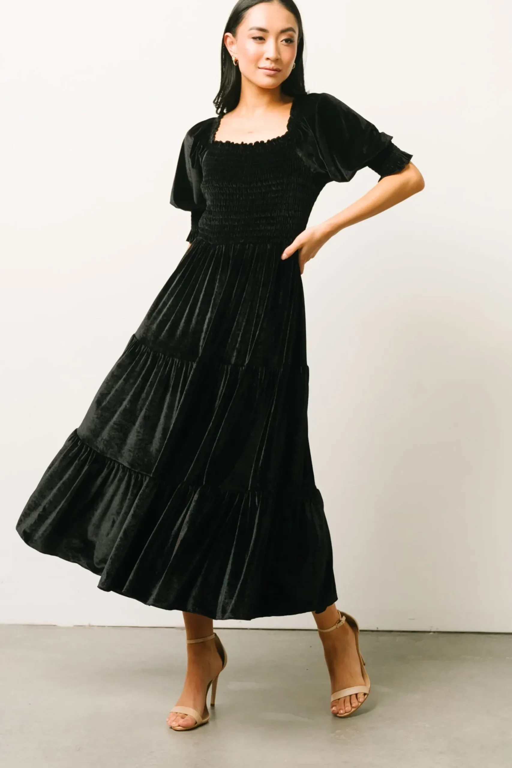 Baltic Born midi dresses|WEDDING SUITE|Vivaldi Smocked Velvet Midi Dress | Black