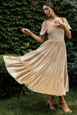 Baltic Born midi dresses|WEDDING SUITE|Vivaldi Smocked Velvet Midi Dress | French Gold