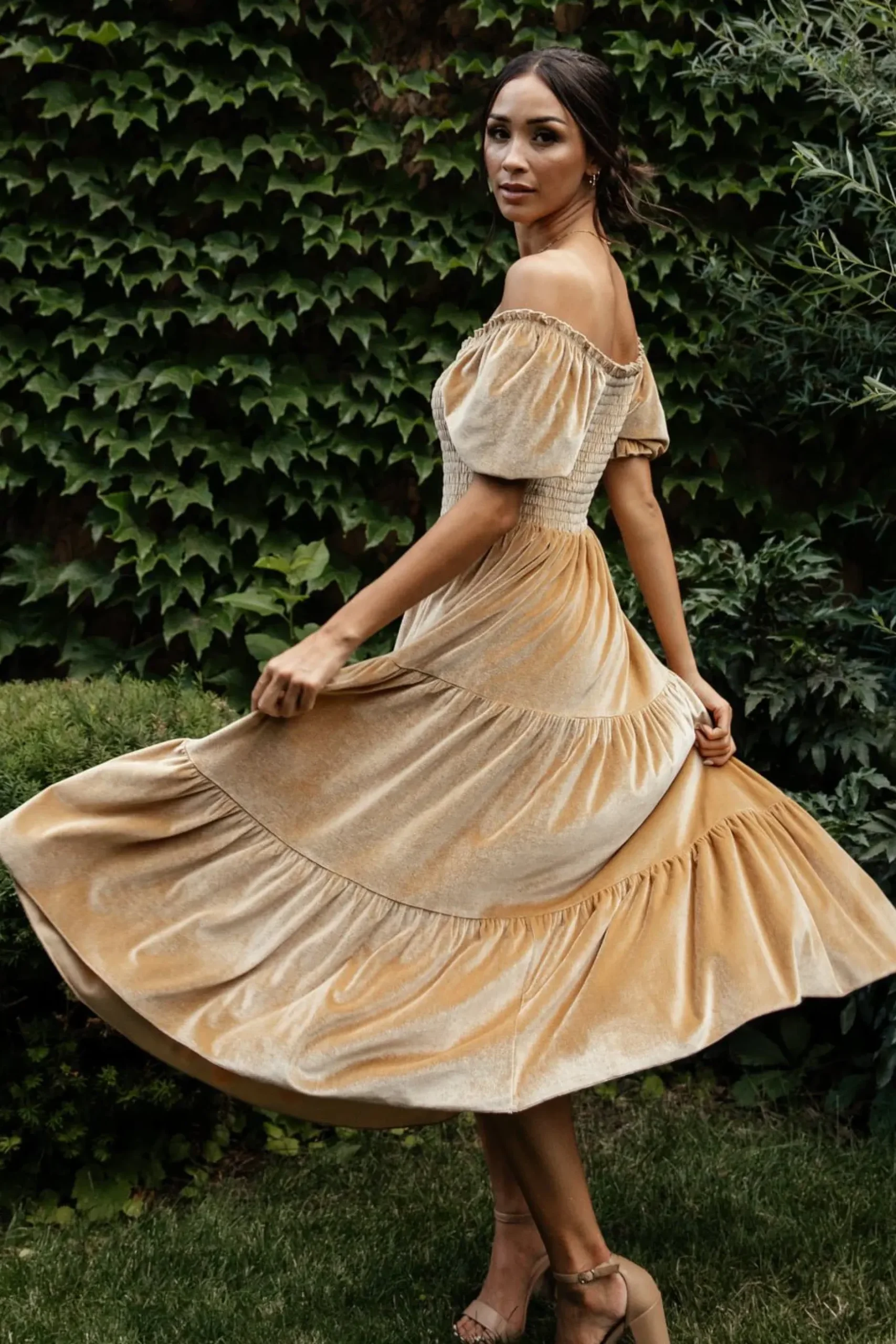 Baltic Born midi dresses|WEDDING SUITE|Vivaldi Smocked Velvet Midi Dress | French Gold