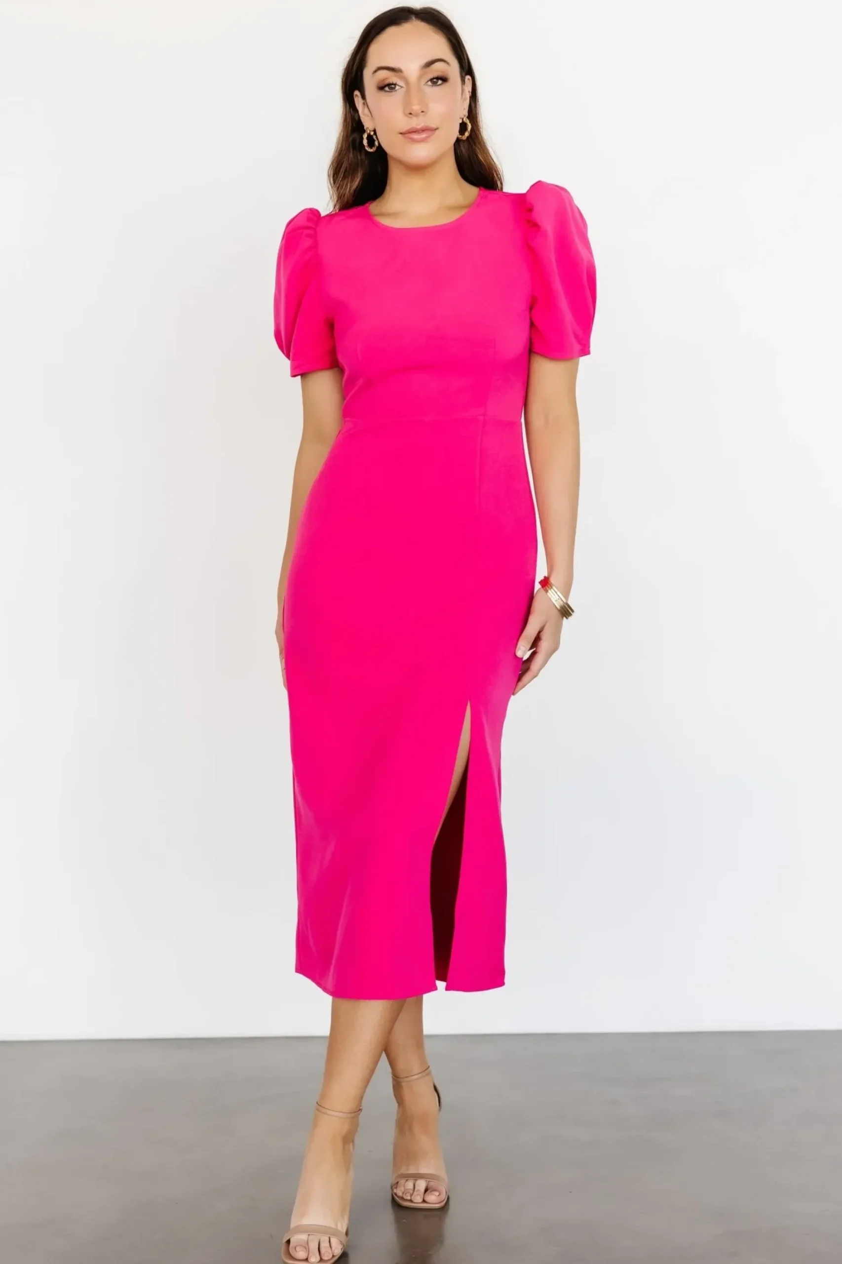 Baltic Born midi dresses|WEDDING SUITE|Younge Puff Sleeve Midi Dress | Pink