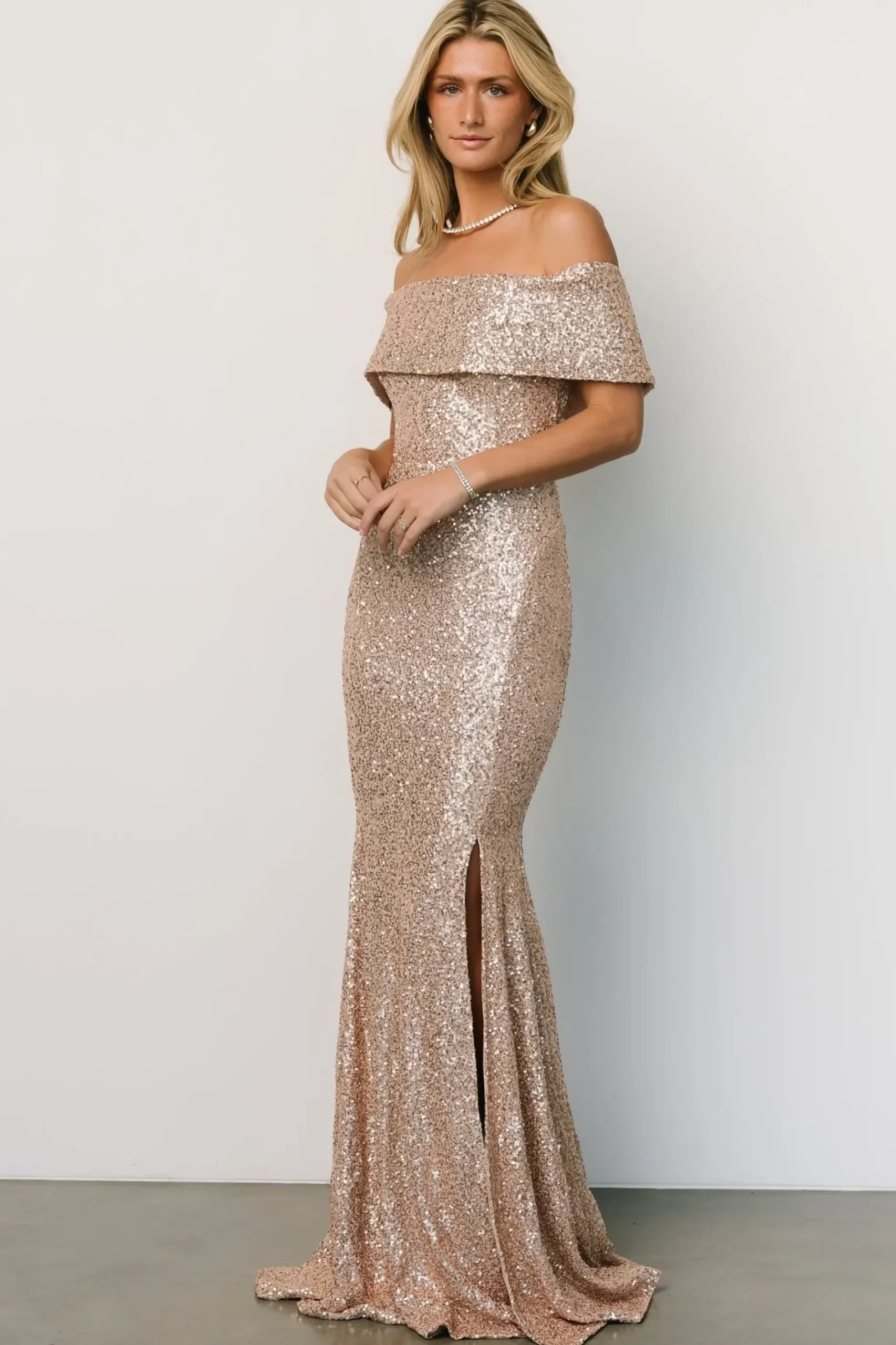 Baltic Born embellished + sequined|Yvonne Off Shoulder Sequin Gown | Champagne